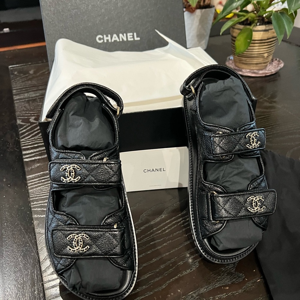 Chanel Black Sandals with Silver Logo